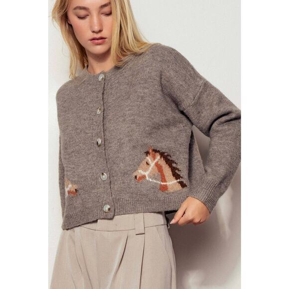 Urban Daizy Western Horse Graphic Ribbed Trim Crew Neck Cardigan - Picture 3 of 8